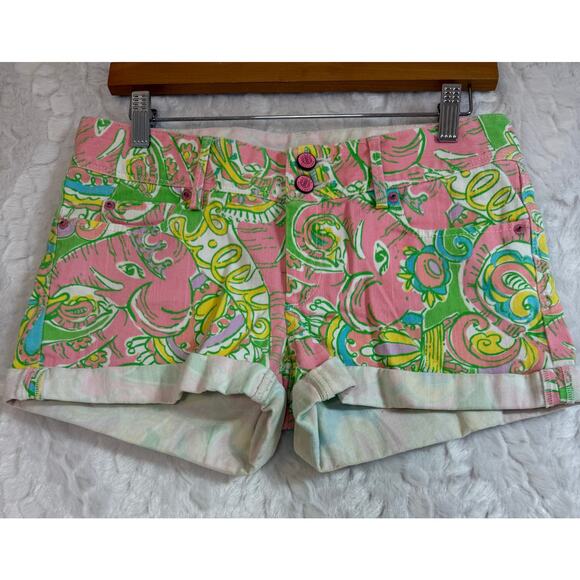 Lilly Pulitzer Clifton Stretch Denim Short Pink Green Blue Elephant Women Size 2 - Picture 2 of 12